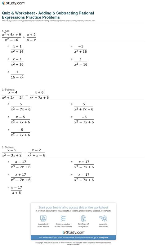 Recall that, when adding fractions with a common denominator, . . Adding and subtracting rational expressions worksheet